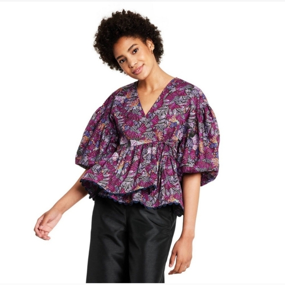 Kika Vargas Target purple floral wrap top puff sleeve rick rack trim size small - Picture 7 of 7